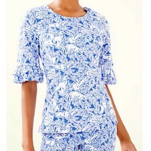 Lilly Pulitzer Fiesta Coastal Blue Fancy Feet Print peplum ruffle sleeve blouse